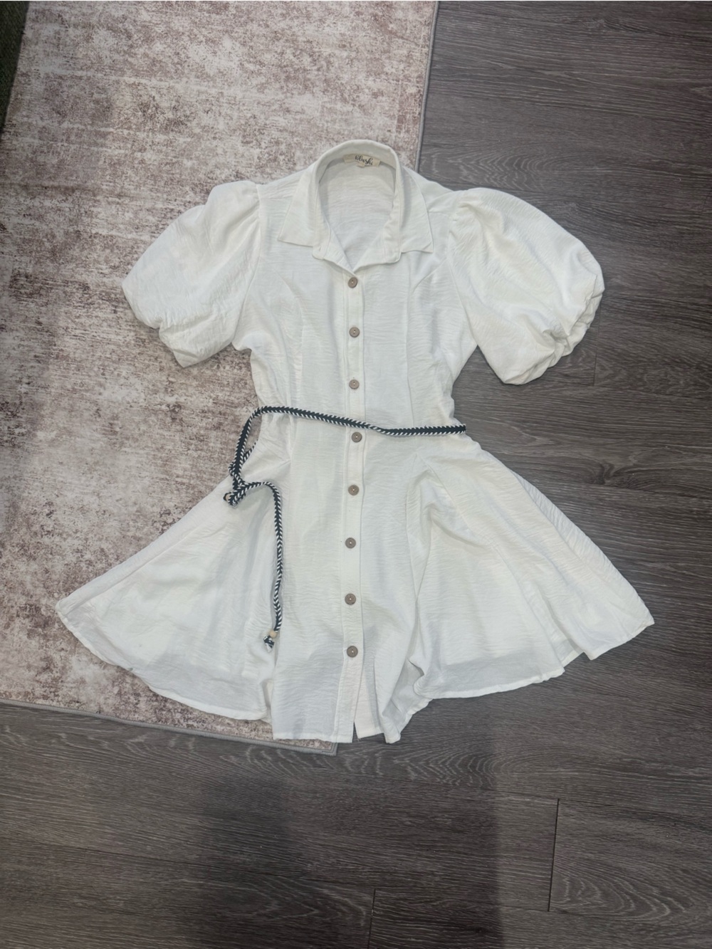 Blush White Button-Front Midi Dress with Puff Sleeves